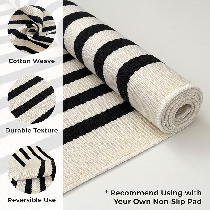 KOZYFLY Black and Beige Striped Rug 4x6 Ft Area Rug Washable Indoor Outdoor Rug Cotton Door Mat for Double Front Door Entryway Patio Porch Living Room Carpet