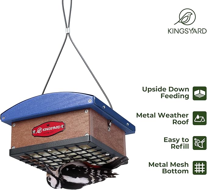 Kingsyard Upgraded Upside Down Double Suet Feeder with Metal Weatherproof Roof, Squirrel-Proof Metal Edging, Suet Feeders for Outside Hanging, Great for Attracting Woodpecker, Nuthatch, Titmouse
