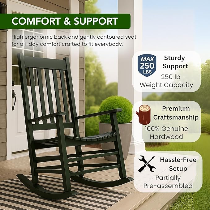 Shine Company Vermont Porch Rocker, High Back Wood Rocking Chair, Dark Green