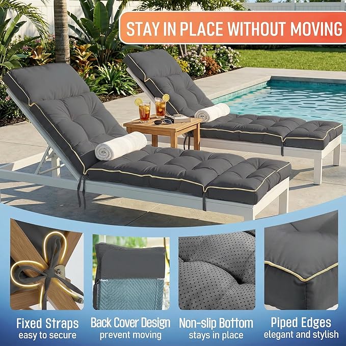 MAGIC ELEPHANT Chaise Lounge Cushion Outdoor, Memory Foam Replacement Patio Pool Lounge Chair Cushion with Ties for Outdoor Furniture, 74 x 22 x 4 Inch (Gray)