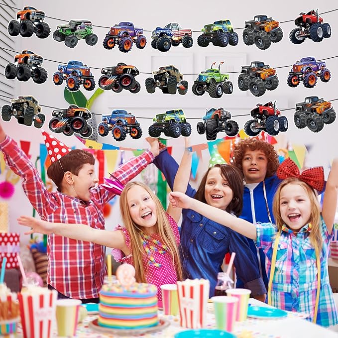 Monster Truck Happy Birthday Decorations Truck Car Birthday Decorations Party Decoration Racing Theme Party Supplies Decoration Suitable for Boys Girls Baby Party Children