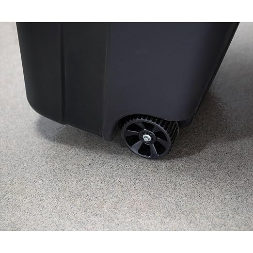 32-Gallon Plastic Trash Can with Attached Lid and Wheels, 120 Liter Outdoor Garbage Bin, Black