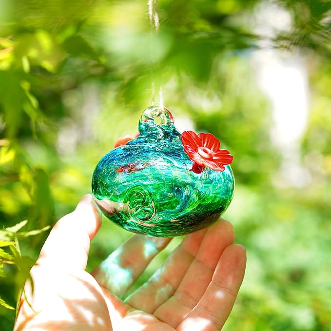 Pack 2 Blown Glass Hummingbird Feeders for Outdoors 3inch Small Glass Humming Bird Feeder for Window Hanging Ant and Bee Proof Humming Birds Feeders Decor for Garden Outside