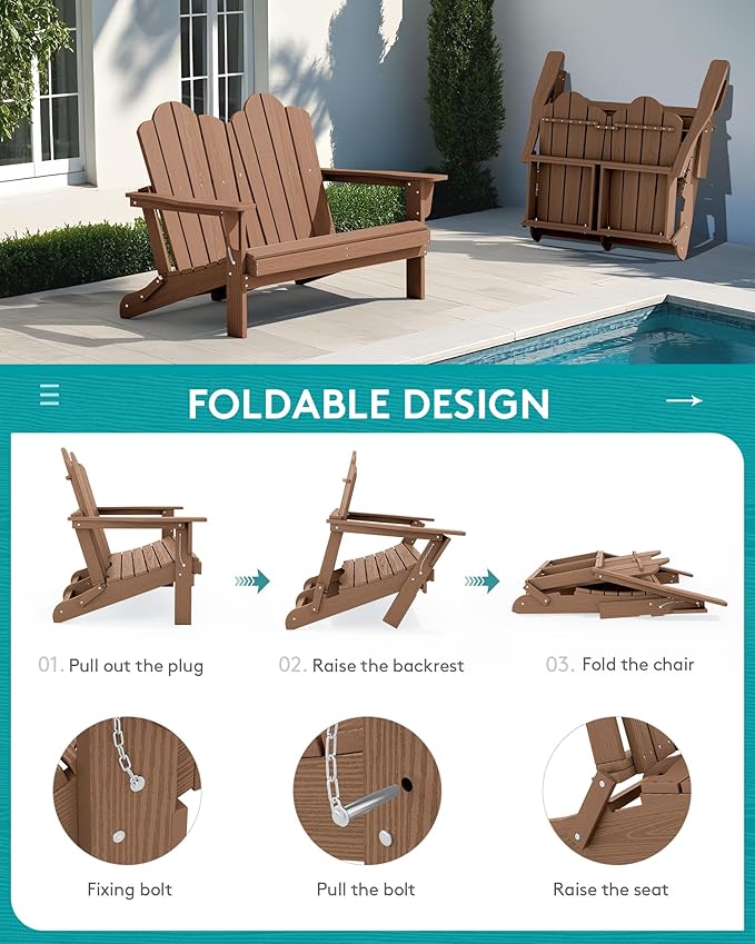 SERWALL 2 Person Adirondack Loveseat, HDPE All-Weather Folding Adirondack Bench Chair, Outdoor Adirondack Chair Set of 4, Brown