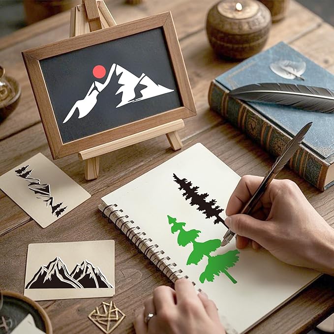 Tree Small Stencils Reusable - Mountain Scene Stencils for Crafts Reuable, Fabric Background Card Scrapbook Journal Decorating