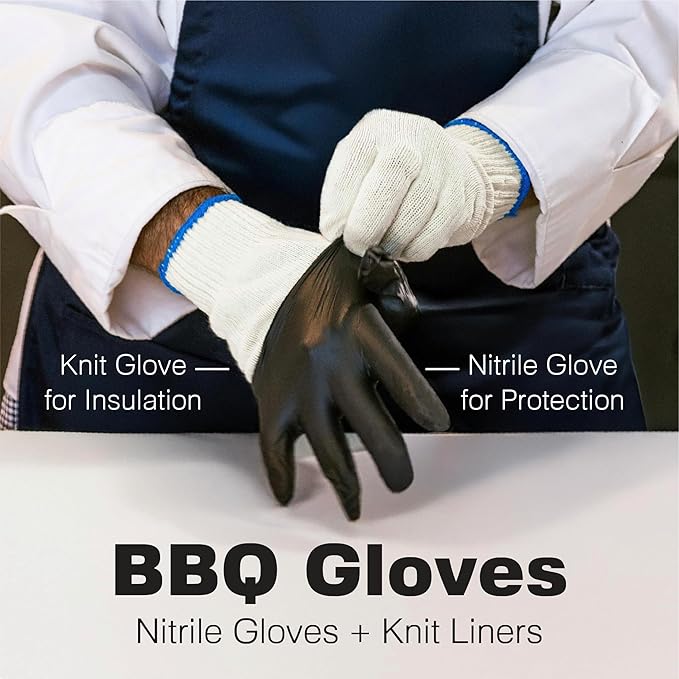 Raxwell BBQ Gloves - Heat Resistant Grilling Gloves - Non-Slip Nitrile Food Handling Gear for Cooking - Large, Black, Includes 6 Cotton Liners