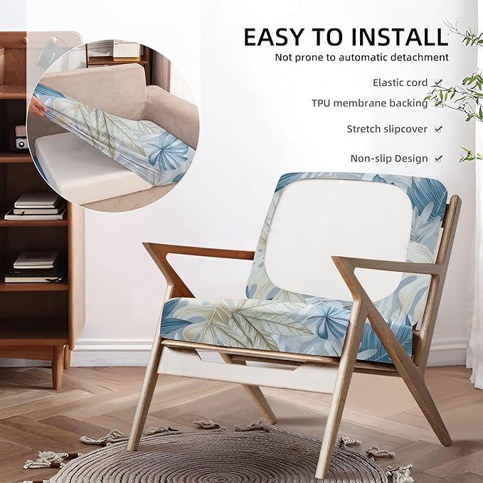 8Pcs Outdoor Cushion Covers, Patio Cushion Covers,Stretch Elastic Slipcovers, Replacement Washable & Reusable Furniture Protector for Patio Couch (White & Blue Leaf,Cover Only)