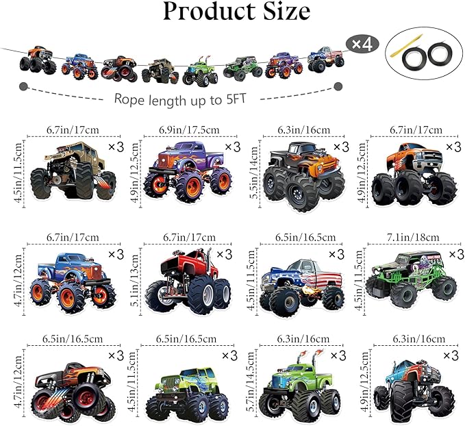 Monster Truck Happy Birthday Decorations Truck Car Birthday Decorations Party Decoration Racing Theme Party Supplies Decoration Suitable for Boys Girls Baby Party Children