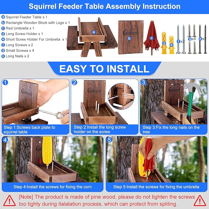 Squirrel Feeder Picnic Table with Umbrella, Lalafancy Carbonized Wood Squirrel Feeder for Outside Funny Chipmunk Feeder with Corn Cob Holder Structure Solid for Squirrel Gift
