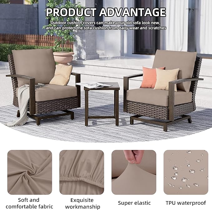 8Pcs Outdoor Cushion Covers, Patio Cushion Covers,Stretch Elastic Slipcovers, Replacement Washable & Reusable Furniture Protector for Patio Couch (Khaki,Cover Only)