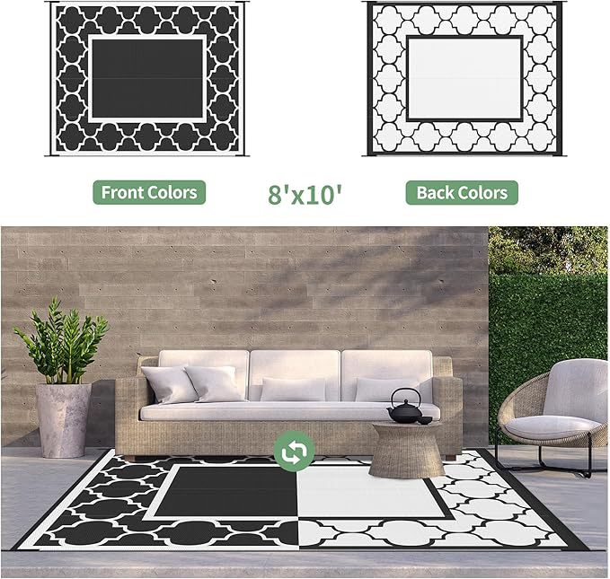 GENIMO 8 ' x 10 ' Outdoor Rug for Patio Clearance, Waterproof Indoor Outdoor Plastic Straw Rugs Carpet, Reversible Outside Area Rv Mat for Camping, Balcony Porch, Deck, Picnic, Beach (Black & White)