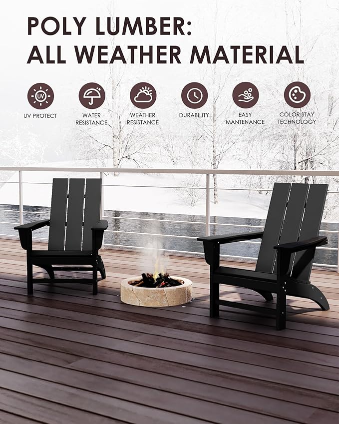 Poly Lumber Adirondack Chair, All-Weather Resistant Outdoor Patio Chairs, Look Like Wood, Pre-Assembled Outdoor Fire Pit Chair for Pool, Deck, Backyard, Garden, Black