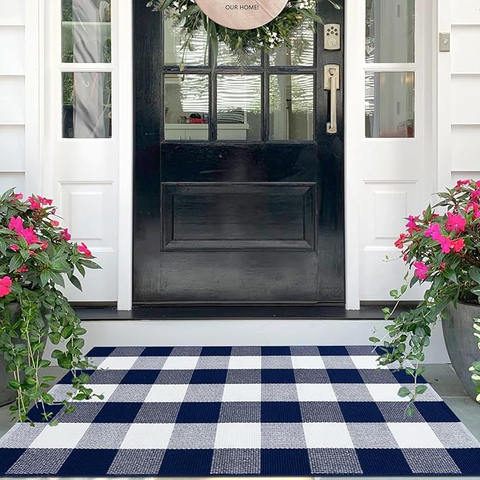 IOHOUZE Buffalo Plaid Checkered Rug 27.5" X 43" Front Door Mats, Washable Area Rugs for Front Porch Decor, Spring Summer Welcome Mats Outdoor, Navy White Rug for Farmhouse/Entryway/Home Entrance