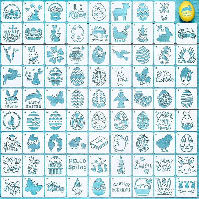 80 Pieces 3 x 3 Inch Easter Reusable Plastic Art Craft Kits for DIY Painting Art Projects Wood Wall Floor Fabric Furniture Tile Holiday Stencils Decorations Easter Egg Stencils Craft Kits