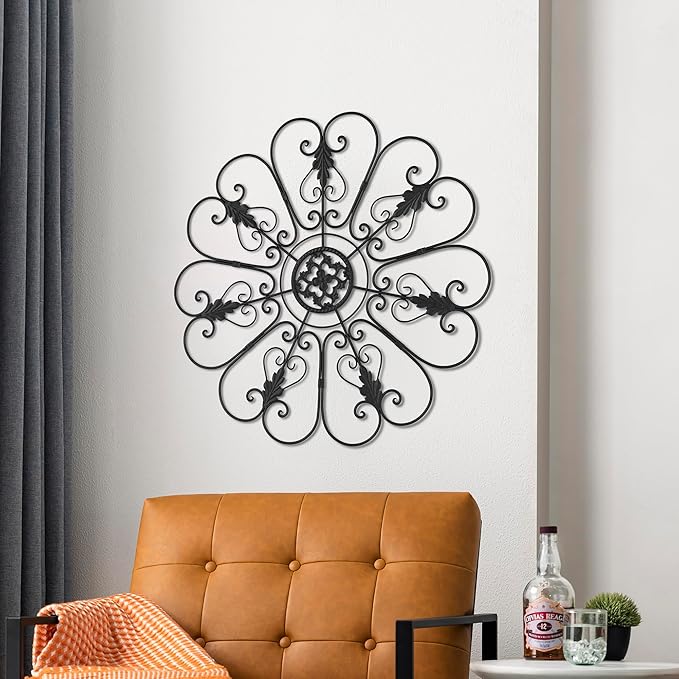 Glitzhome Traditional Iron Scroll Wall Decor, Outdoor Metal Wall Art Scroll-Work with Sturdy Powder-Coated Matte Black Finish Garden Wall Art, Black, 23.75" D