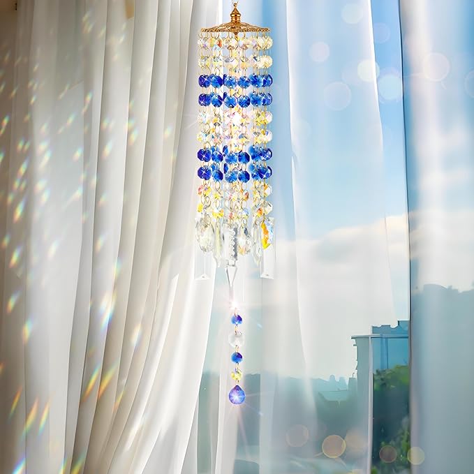 Crystal Wind Chimes for Outside with Rainbow Light Reflections Glass Bells and Rose Gold Alloy Hooks Indoor Outdoor Decor for Home Garden Patio Porch Birthday House Warming (Blue)
