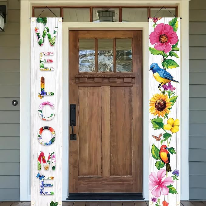 2 Pcs Welcome Floral Porch Banners Spring Bird Flower Hanging Flag Porch Sign for Front Door Outdoor Seasonal Holiday Wedding Yard Decor Farmhouse Indoor Outdoor Wall Backdrop Decorations