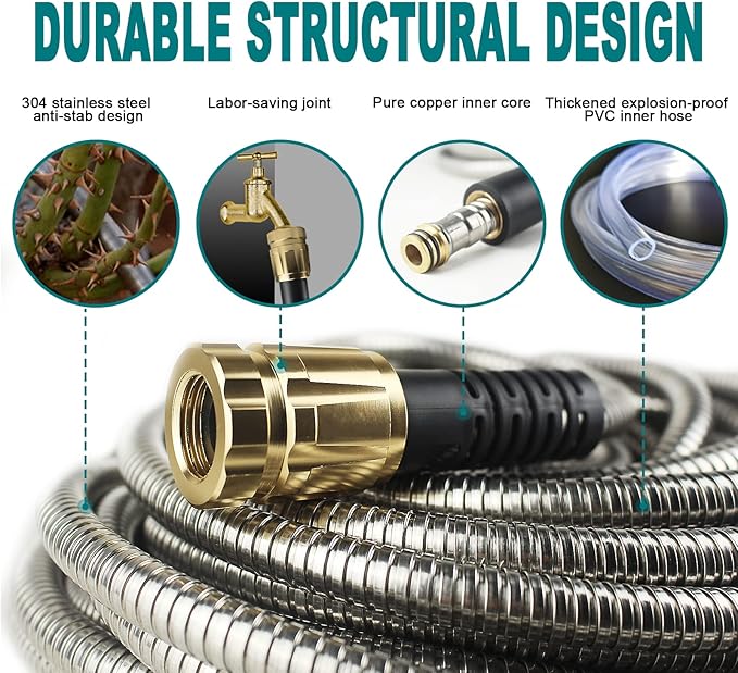 75FT Metal Garden Hose - Stainless Steel, Heavy Duty, Flexible & Lightweight, Never Kink and Tangle, with 10-Function Nozzle, Pressure Resistant for Outdoor Use (Yellow)