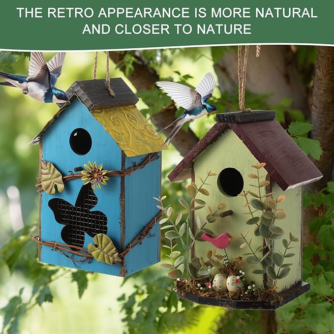 2 Pcs Decorative Birdhouse for Yard Outside Hanging Wooden Birdhouse Hand Painted Bird Box for Bird Lovers Bluebird Tree Swallow Wild Chickadee Garden Decor(Blue,Light Green,Iron Roof)