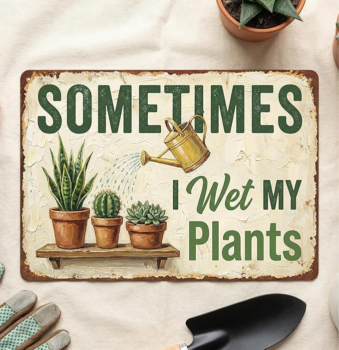 Funny Plant Tin Sign - "Sometimes My Plants", ucculent & Cactus Metal Art, Metal Sign - 8x12 Aluminum Wall Decor for Shed, Bathroom, Garden, Sunroom, Housewarming Gift