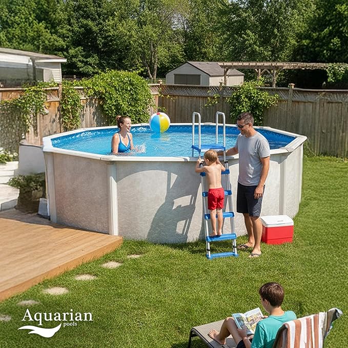 Aquarian Above Ground Pool Kit w/ Sand Filter & Pump, Phoenix Steel-Frame, 18', Gray - Large Heavy-Duty Outdoor Family Swimming Pool for Backyard, Patio, and Yard