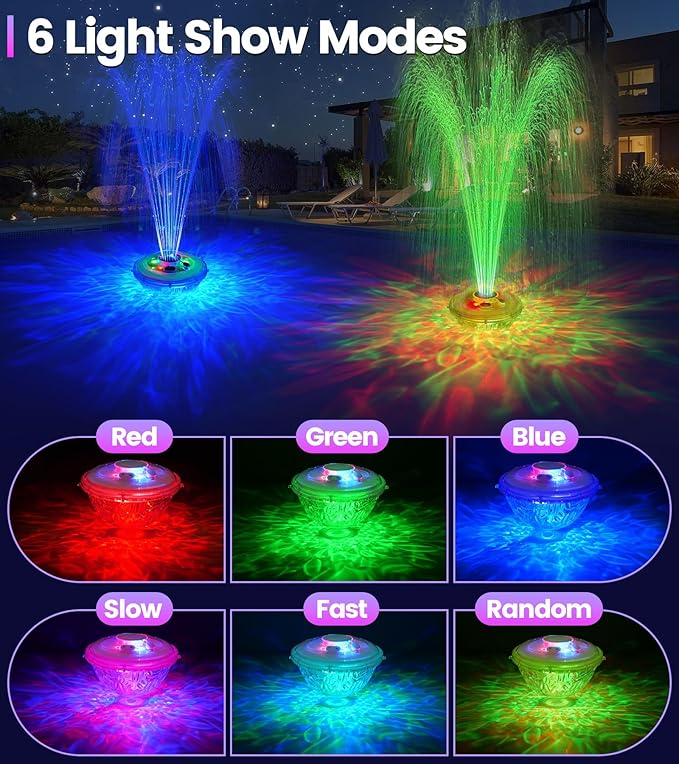 Floating Pool Fountain with Lights Show, Upgraded Pool Fountains with Anchor, Pool Water Fountain, Swimming Pool Fountains for Inground Pool, Waterfall for Above Ground Pond-White