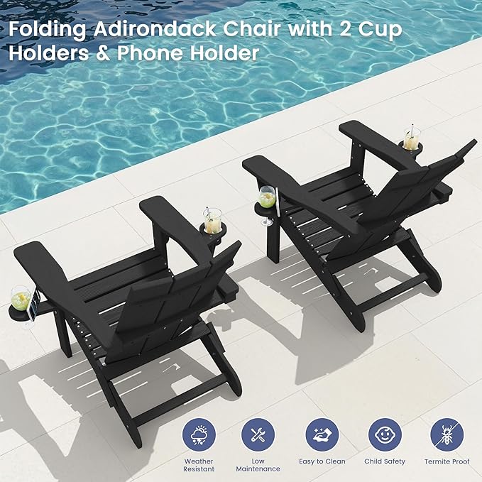 SERWALL Modern Adirondack Chair Set of 2, Folding Adirondack Chair with Dual Cup Holders, Outdoor HDPE Plastic Fire Pit Chairs for Patio Lawn Garden, Black