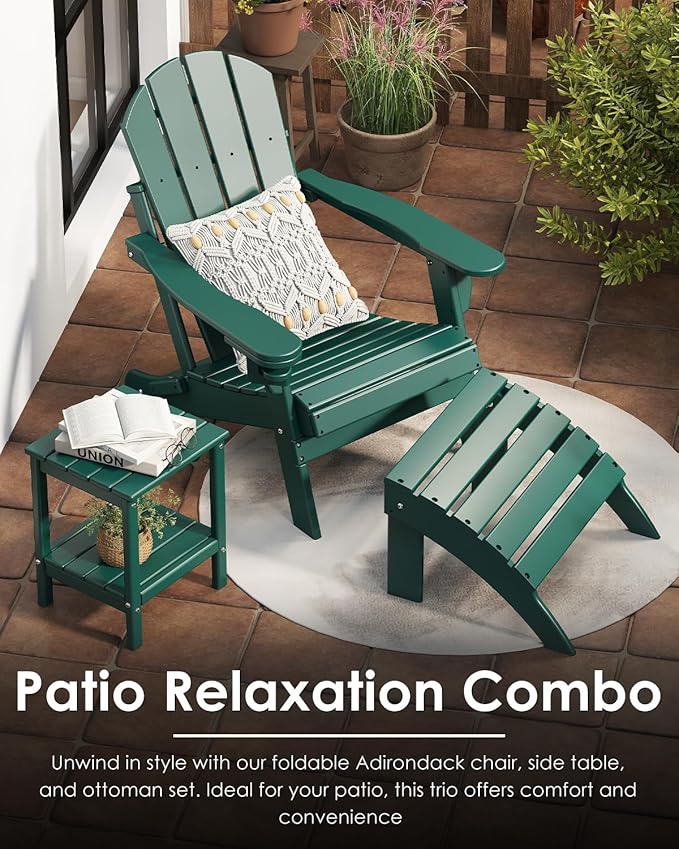 GREENVINES Folding-Adirondack-Chairs-Set-of-2 | HDPE Plastic | Fire Pit Chair | All Weather | Cup Holder | Forest | for Deck Backyard Patio Outdoor Garden