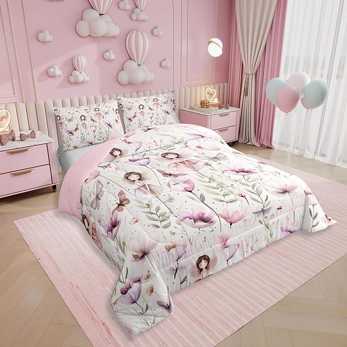 Erosebridal Fairy Garden Queen Comforter Set - Butterfly & Floral Bedding Sets for Kids Girls, Purple Pink Flower Butterflies Bed Set | Whimsical Fairies Room Decor with 2 Pillowcases