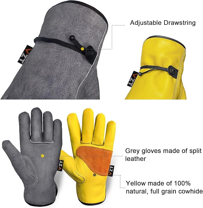 2 Pairs Leather Work Gloves for Men or Women, Non-fading Cowhide, for GardeningConstruction, Welding, Yardwork, driver