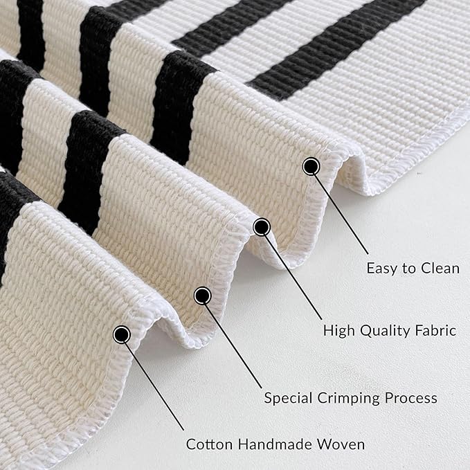 IOHOUZE Black Beige Striped Rug -5'x8' Indoor Outdoor Rug, Washable Area Rug for Living Room, Large Patio Rug, Cotton Striped Rugs for Patio Living Room Bedroom