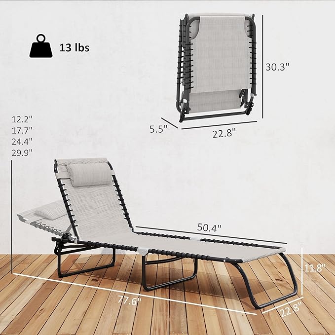 Outsunny Folding Chaise Lounge Chair, Patio Sun Tanning Chair, Outdoor Chaise Lounger with 4-Position Reclining Back, Breathable Mesh Seat for Beach, Poolside, Yard, Cream White