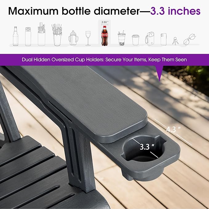 PURPLE LEAF Adirondack Chair Set of 4 HDPE All-Weather Outdoor Fire Pit Chair with 24.6" Oversized Seat Wood-Textured Patio Adirondack Chair with Dual Cup Holders for Garden Deck Backyard, Gray