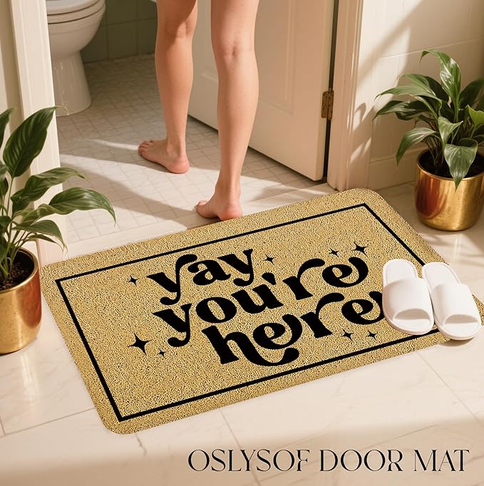 Funny Welcome Door Mat, Yay You're Here Doormat for Front Door Indoor Outdoor Porch Entrance Entryway, Funny Welcome Mat Outside, 17x30 Inches