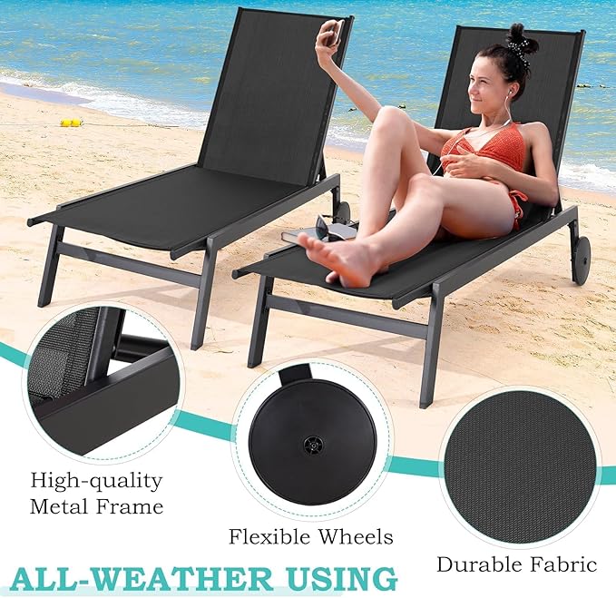 EROMMY Outdoor Lounge Chairs Set of 2 with Wheels – Adjustable Backrest Chaise Lounge, Lightweight Waterproof Pool Furniture for Patio, Garden & Beach