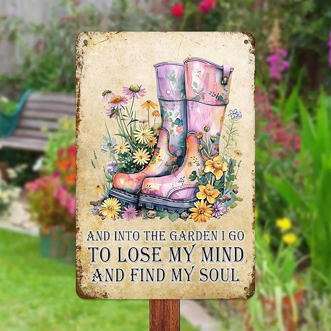 Garden Metal Tin Sign 8x12 Inch, Vintage Floral Rain Boots Wall Decor with Inspirational Quote Into the Garden I Go, Rustic Farmhouse Gardening Sign, Shed Patio Porch Outdoor Bar Cafe Wall Decoration