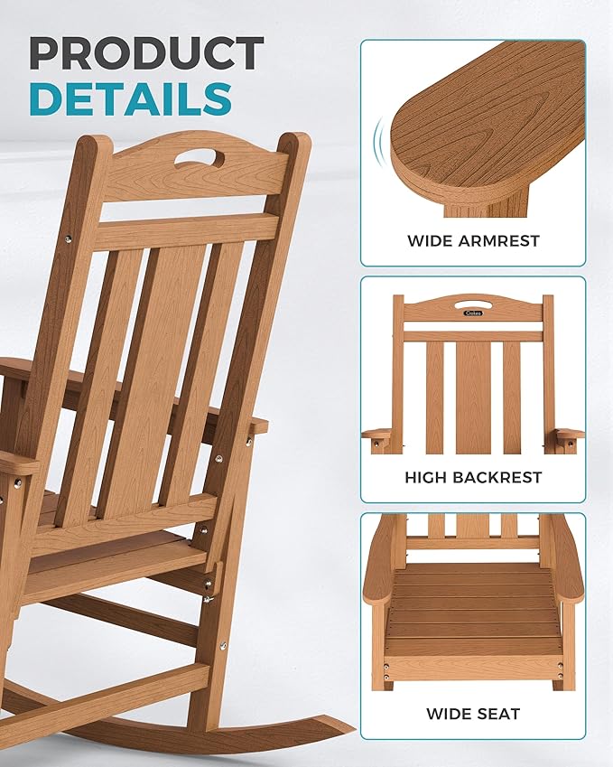 Ciokea Oversized Outdoor Rocking Chair, 380lbs Heavy-Duty Large Patio Rocker, Weather Resistant & Anti-Fade Porch Chair, High Back Cozy Rocking Chair for Outside, Fire Pit, Deck, Garden, Teak