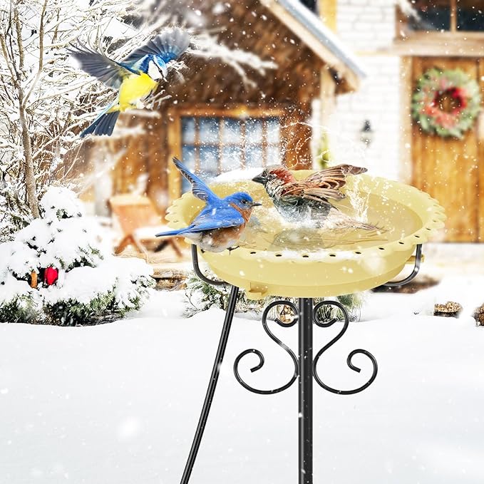 Heated Bird Baths for Outdoors,Upgraded 100W Thermostat Control Heated BirdBaths for Winter with Metal 5 Prong Base Heated Bird Bath for Outside Winter Garden Yard Patio Lawn (Beige)