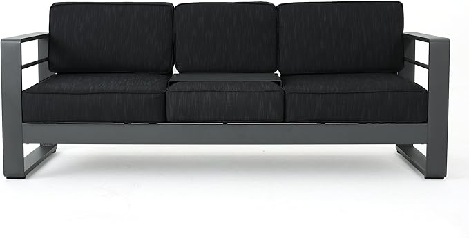 Christopher Knight Home Capecora 3-Seater Sofa with Removable Tray Table, 76.25''W Convertible Aluminum Patio Couch with Cushions, Space-Saving Outdoor Seating for Garden Backyard Balcony, Dark Gray