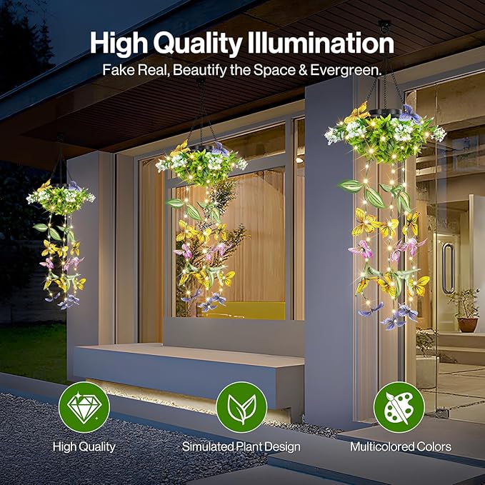 Colorful Solar Butterfly Lights for Garden, 2 Pack Hanging Lights with Fluttering Butterflies & Flowers, IP65 Waterproof Outdoor String Lights for Patio, Birthday & Kids Play Area