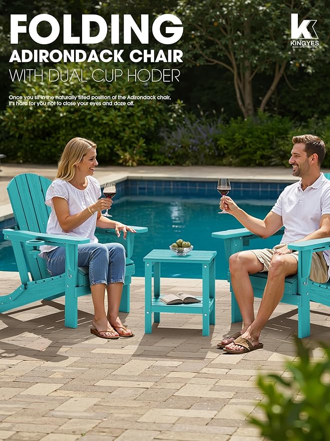 KINGYES Folding Adirondack Chair with Dual Cup Holders - HDPE All-Weather Outdoor Chairs, Wood-Like Patio Chair for Backyard, Camping, Pool & Fire Pit, Aruba