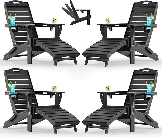 Ciokea Folding Adirondack Chair Set of 4 with Retractable Ottoman Fire Pit Patio Chair with Pull Out Foot Rest Weather Resistant Lawn Outdoor Chair with 2 Cup Holder (Black)