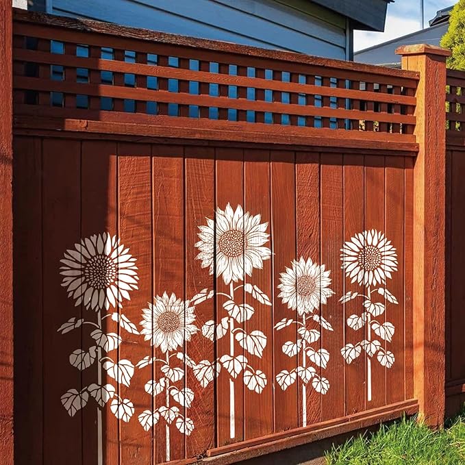 Large Sunflower Fence Stencil for Painting on Fences Wood Reusable Tall Blooming Flower Stencils Kit Garden Fence Flower Templates for Outside Mural Walls Crafts Canvas (Sunflower 8pcs)
