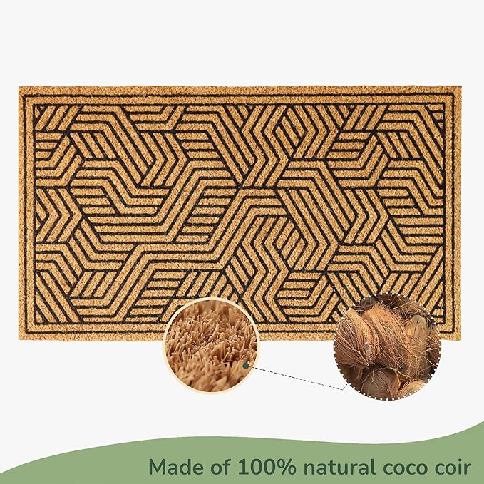 Welcome Doormats, Natural Coco Coir Mats with Non-Slip PVC Backing, Indoor Outdoor Mats for Home & Office, Floor Rugs for Door Decor, Geometric Porch Rug with Black Maze Pattern, 30"x17"