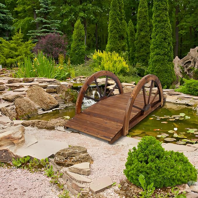ZeHuoGe 3.3 FT Wooden Garden Bridge Arc Footbridge with Half-Wheel Style Railings & Solid Fir Construction