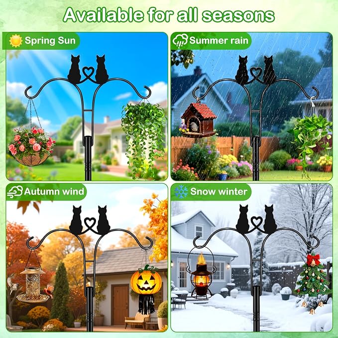 Double Shepherds Hooks for Outdoor, 1 Pack 78 Inch Bird Feeder Pole with 5 Prongs Base, Adjustable Heavy Duty Plant Hangers Cat Art for Outdoor Plants Hummingbird Feeder Hanging Basket Lantern