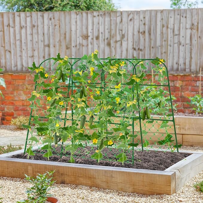 Cucumber Trellis for Raised Bed, U-Shape Garden Trellis for Climbing Plants Outdoor, Adjustable Metal Arch Vegetables Trellis with Climbing Net for Tomato, Bean, Grape, Zucchini