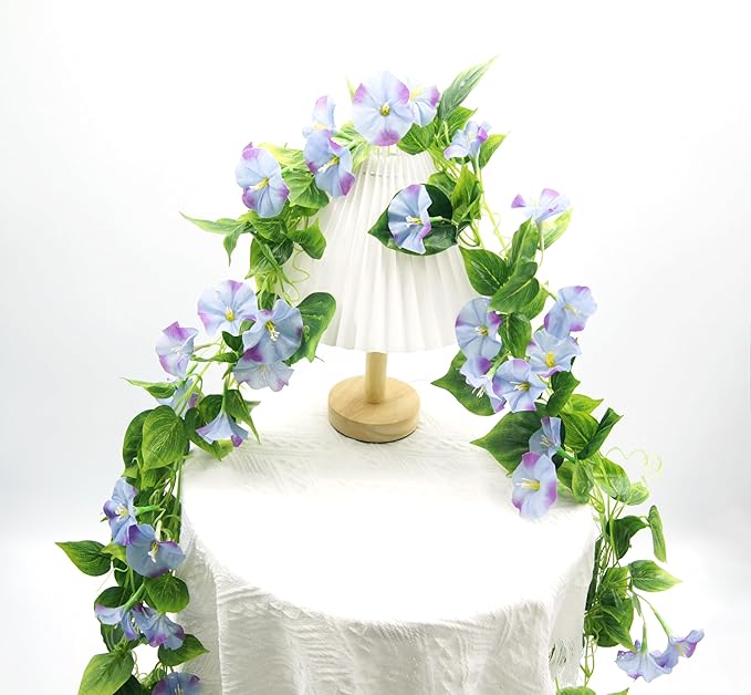 FERIAL Artificial Vines 15Feet Silk Flower Garland for Outdoors Blue Morning Glory Vine Artificial Flowers Hanging Plants Garland Fake Green Plant 2Pcs for Wall Fence Indoor Wedding Banquet Decor