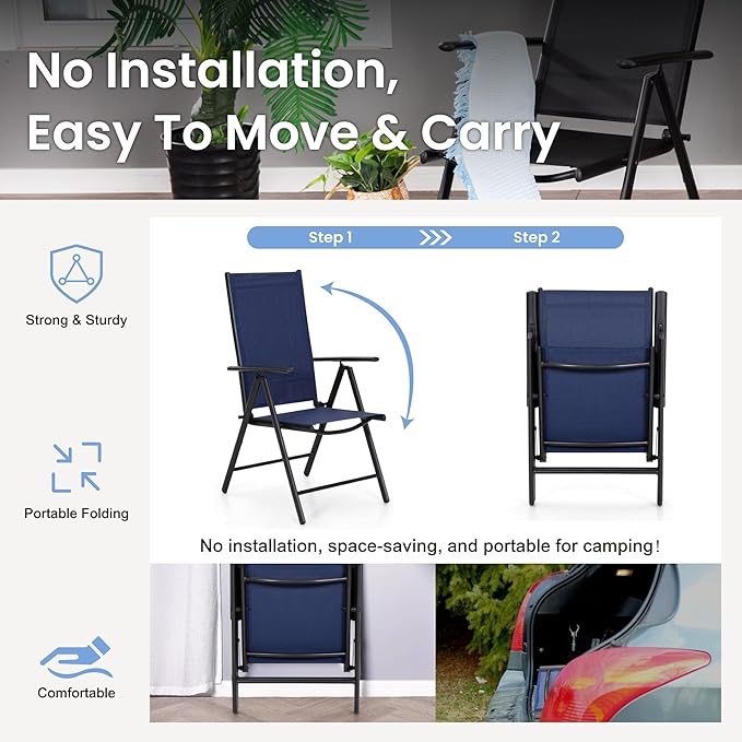 PHI VILLA Outdoor Dining Furniture Set with Umbrella, Patio Dining Set for 4 with Metal Outdoor Table and Chairs, Patio Table Set with Portable Folding Patio Chairs & Patio Umbrella, Blue