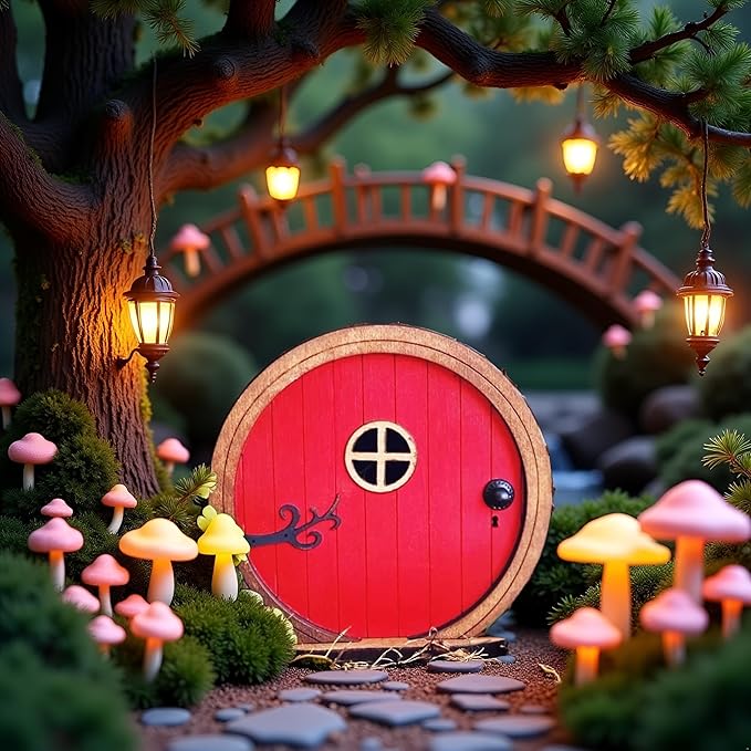 Red Fairy Garden Door for Tree, Fairy Doors for Trees Outdoor & Tree Trunk, Mini Fairy Garden Sculpture Lawn Ornament Decor, Fairytale Tiny House Doors Mini Gift, Fairytales Door Decoration